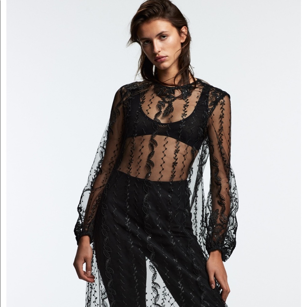 EMBROIDERED SEMI SHEER DRESS